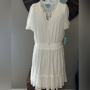 CeCe White Lace Lined Women's Short-Sleeve V-Neck Smocked-Waist Dress Size M